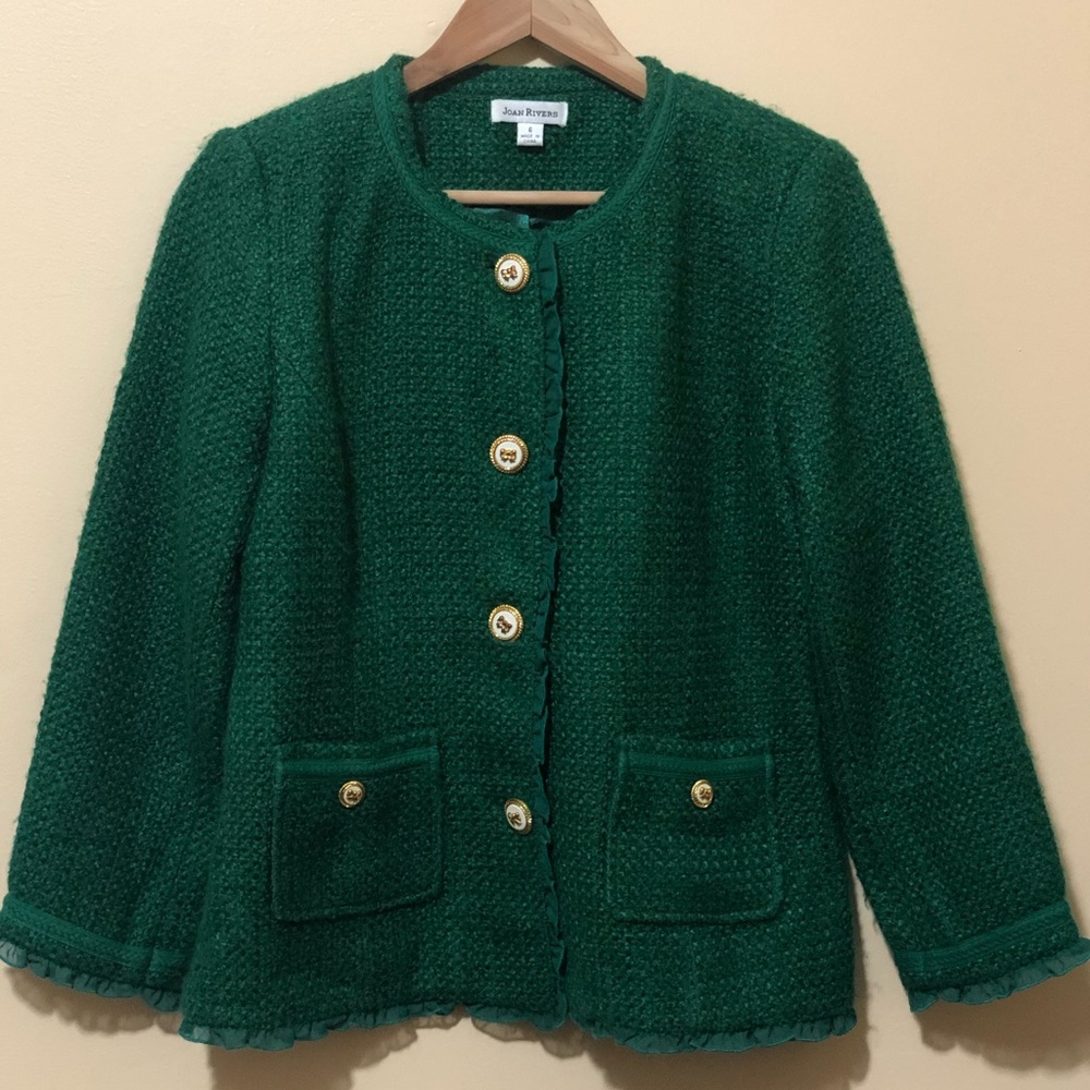 Vintage Kelly Green Knit and Ruffle Trim Jacket